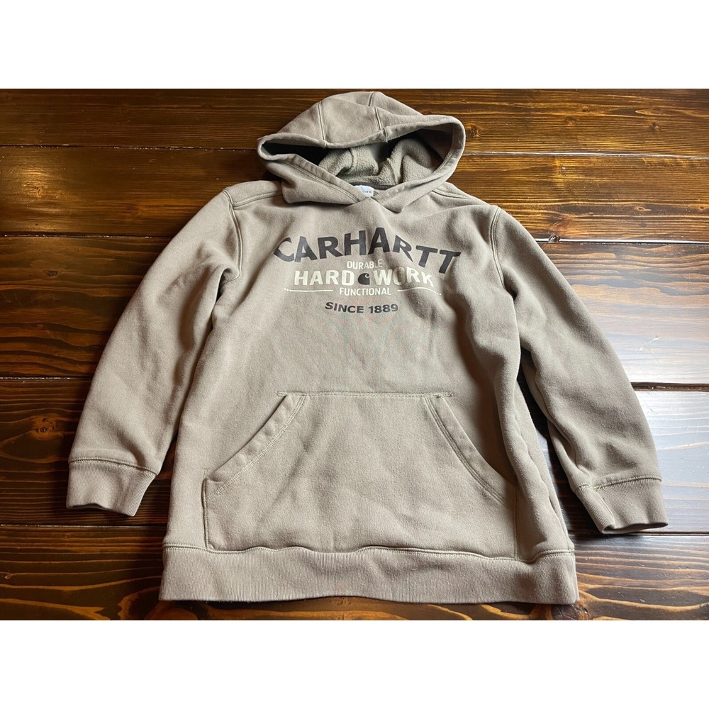 Carhartt Sweater Boys Size L (14/16) Tan Hoodie Kangaroo Pocket *Minor Pilling*